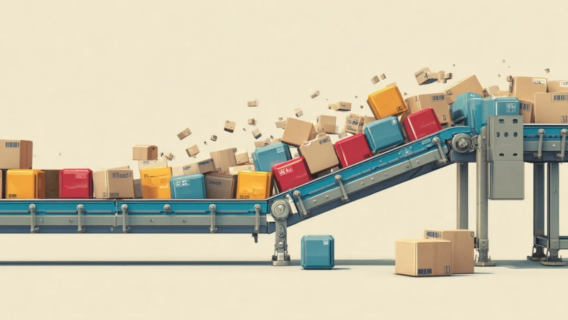 Illustration of an industrial conveyor belt, clogged